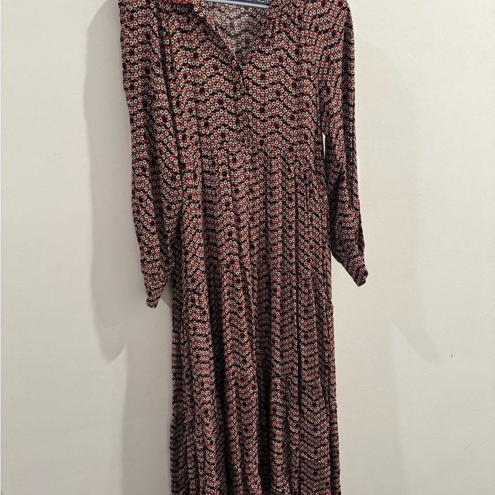 Zara Red and Black Patterned Long Sleeve Dress